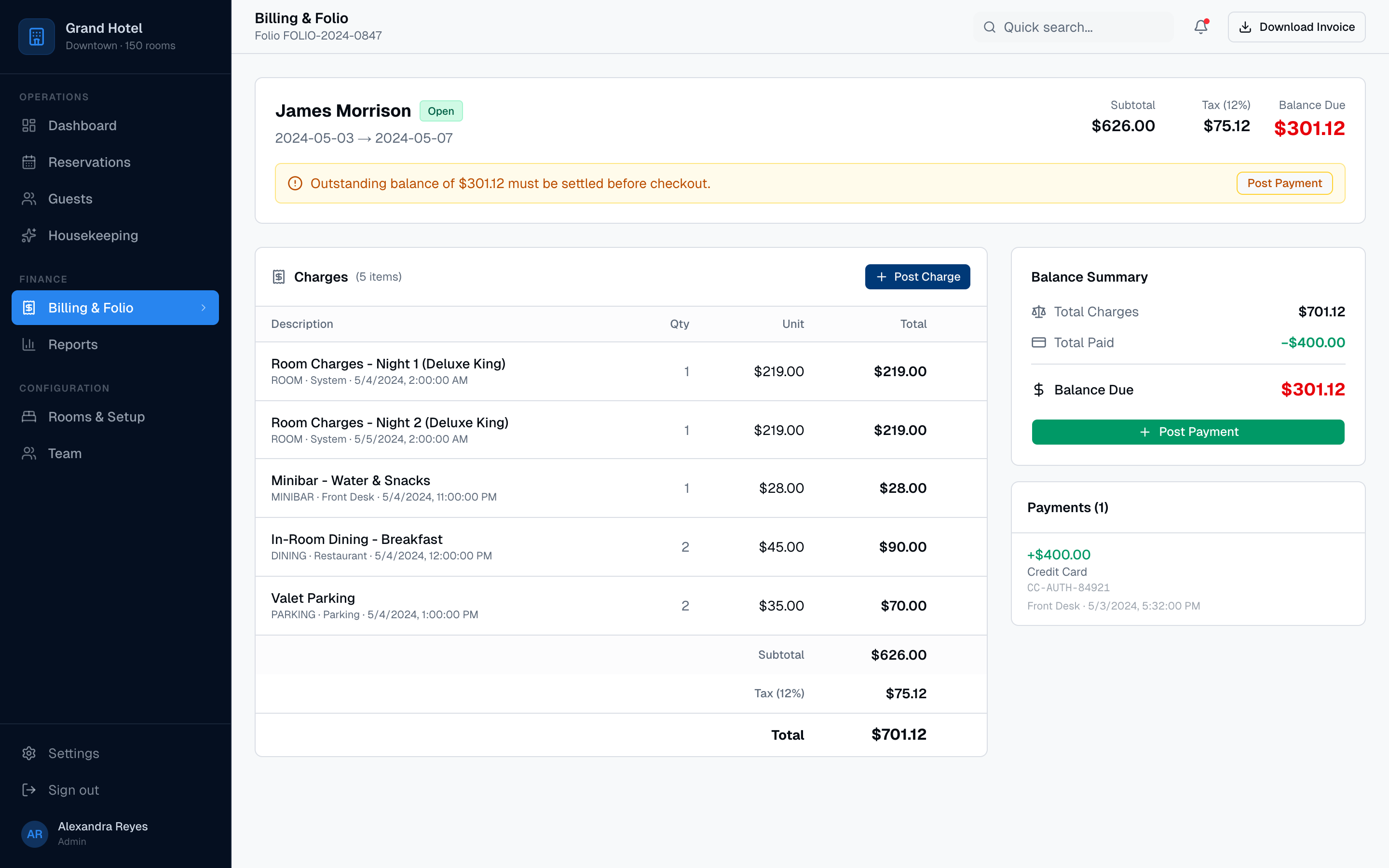 VertexStay Billing & Folios